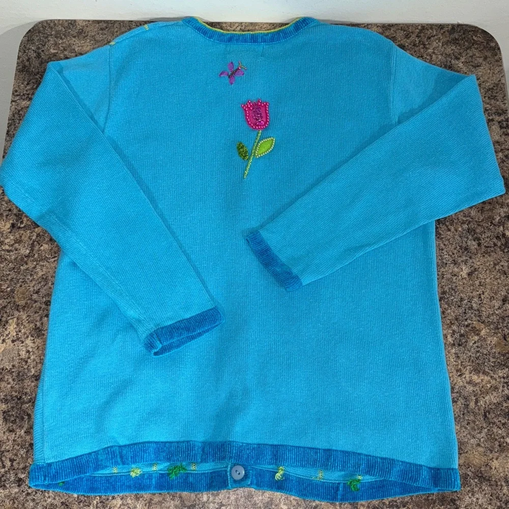 Vintage The Quaker Factory Blue Hand Embroidered Beaded Flowers Bunny Cardigan L - Picture 10 of 16